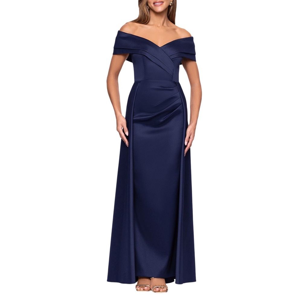 Xscape Off the Shoulder Mikado Gown Blue Pleated Cocktail Size 14